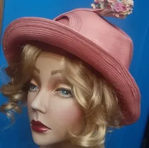 Vintage Jack McConnell Boutique Pink Cloche Velveteen Floral Hat Vintage Wide Brim Floral Straw Hat by Jack Mcconnell, 1960s  main image 4